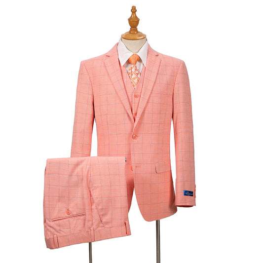 Pino Baldini Vested Peach Plaid Slim Fit Suits