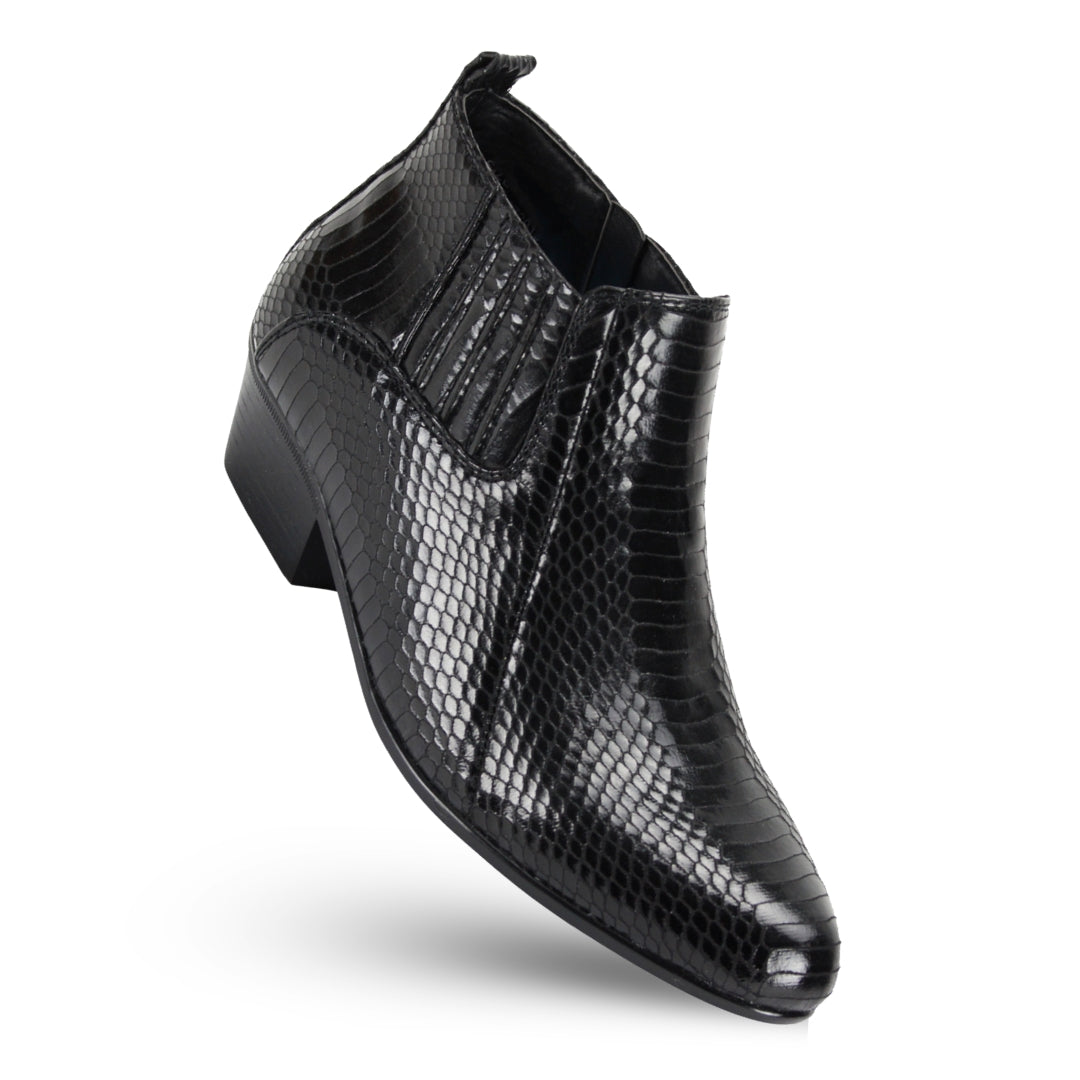 ANTONIO CERRELLI Black Snake Print Cuban Heel Dress Boots for Men Pointed Toe Zipper Closure Faux Leather ANTONIO CERRELLI Black Snake Print Cuban Heel Dress Boots for Men Pointed Toe Zipper Closure Faux Leather