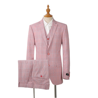 Joseph Michael 17008-85 3-Piece Slim Fit Pink Plaid Suit - Front View