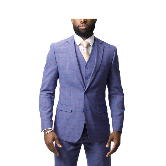Pino Baldini Vested Blue Plaid Slim Fit Suits