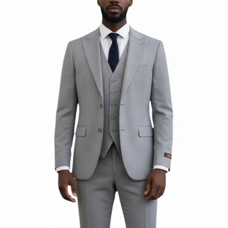 Rh15 Light Grey Ideal Vested 2 Button Peak Lapel Suit - Front View