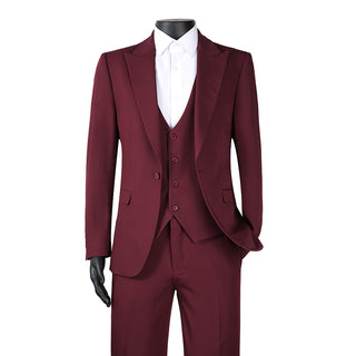 Joseph Michael Men's Burgundy 3-Piece Slim Fit Vested Suit — Peak Lapel