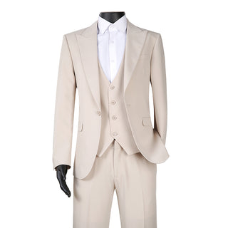 Joseph Michael 29105 Khaki Slim Fit Peak Lapel Vested Suit - Close Up