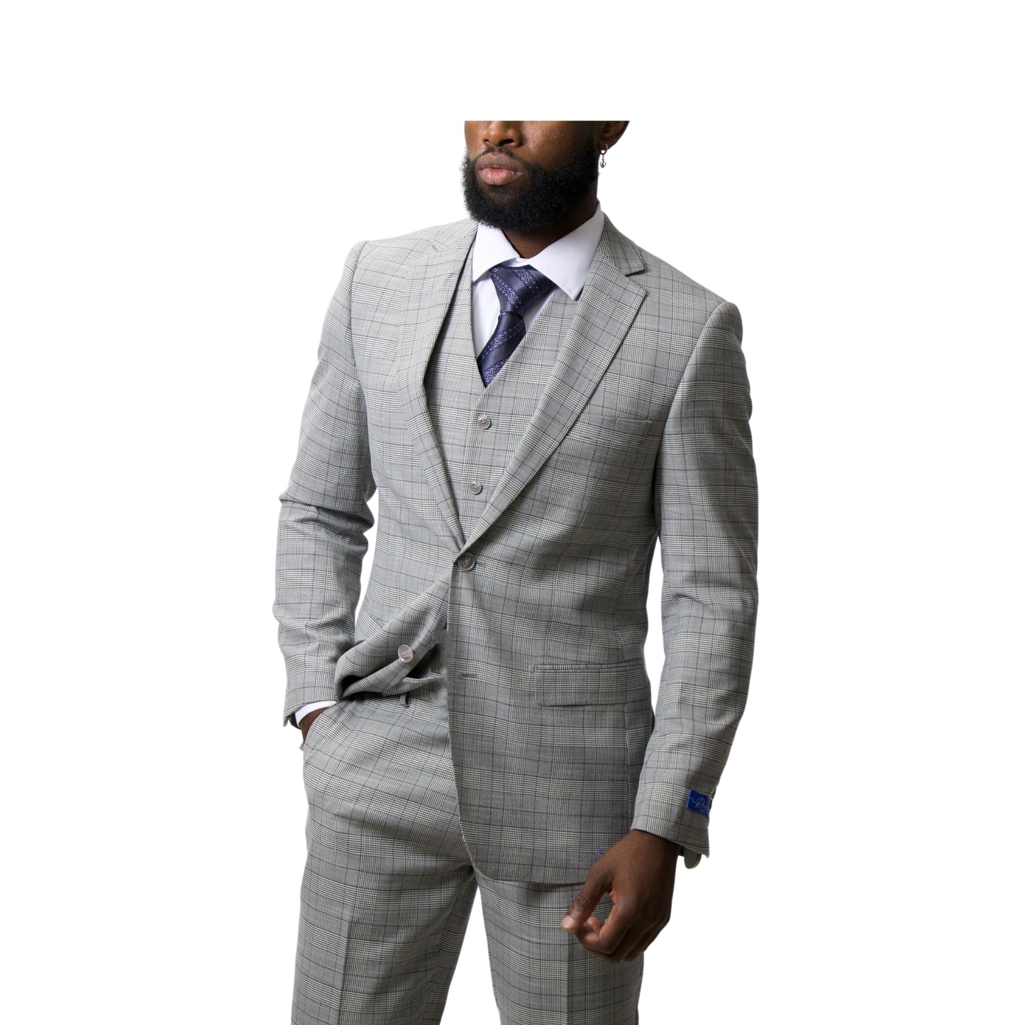 2Bvf100-Lr6919-5 Grey Plaid Pino Baldini Vested Plaid Slim Fit Suits