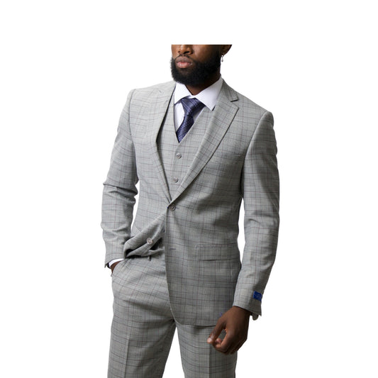 Pino Baldini Vested Grey Plaid Slim Fit Suits