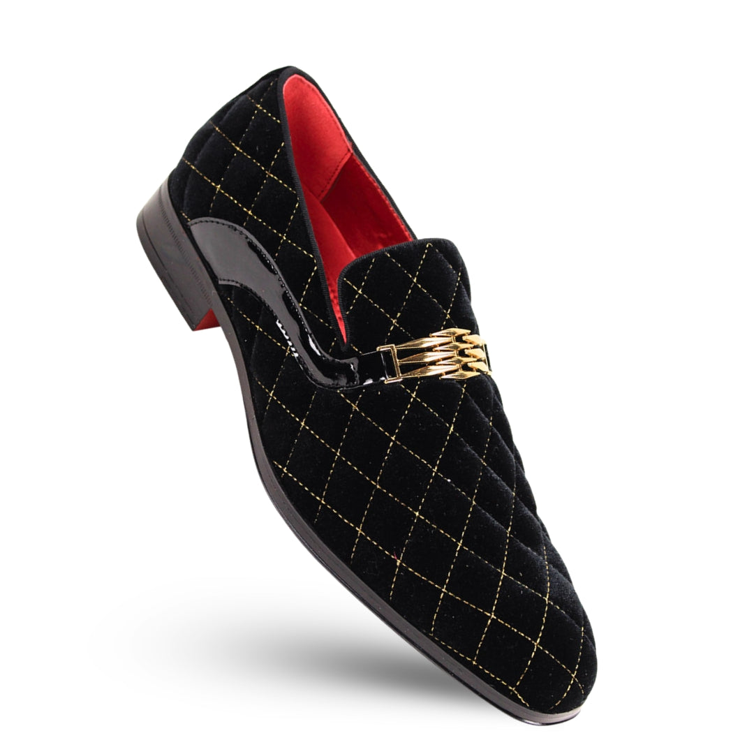 AFTER MIDNIGHT Mens Black Velvet Quilted Slip-On Loafers with Gold Buckle for Formal Prom Weddings Dress Shoes Size 8 AFTER MIDNIGHT Mens Black Velvet Quilted Slip-On Loafers with Gold Buckle for Formal Prom Weddings Dress Shoes Size 8