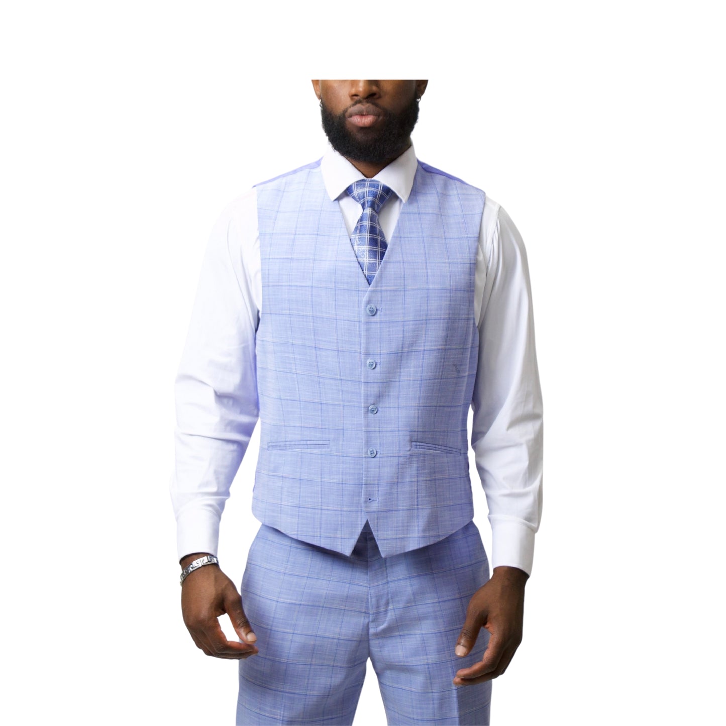 2Bvf100-Lr7001-6 Sky Plaid Pino Baldini Vested Plaid Slim Fit Suits