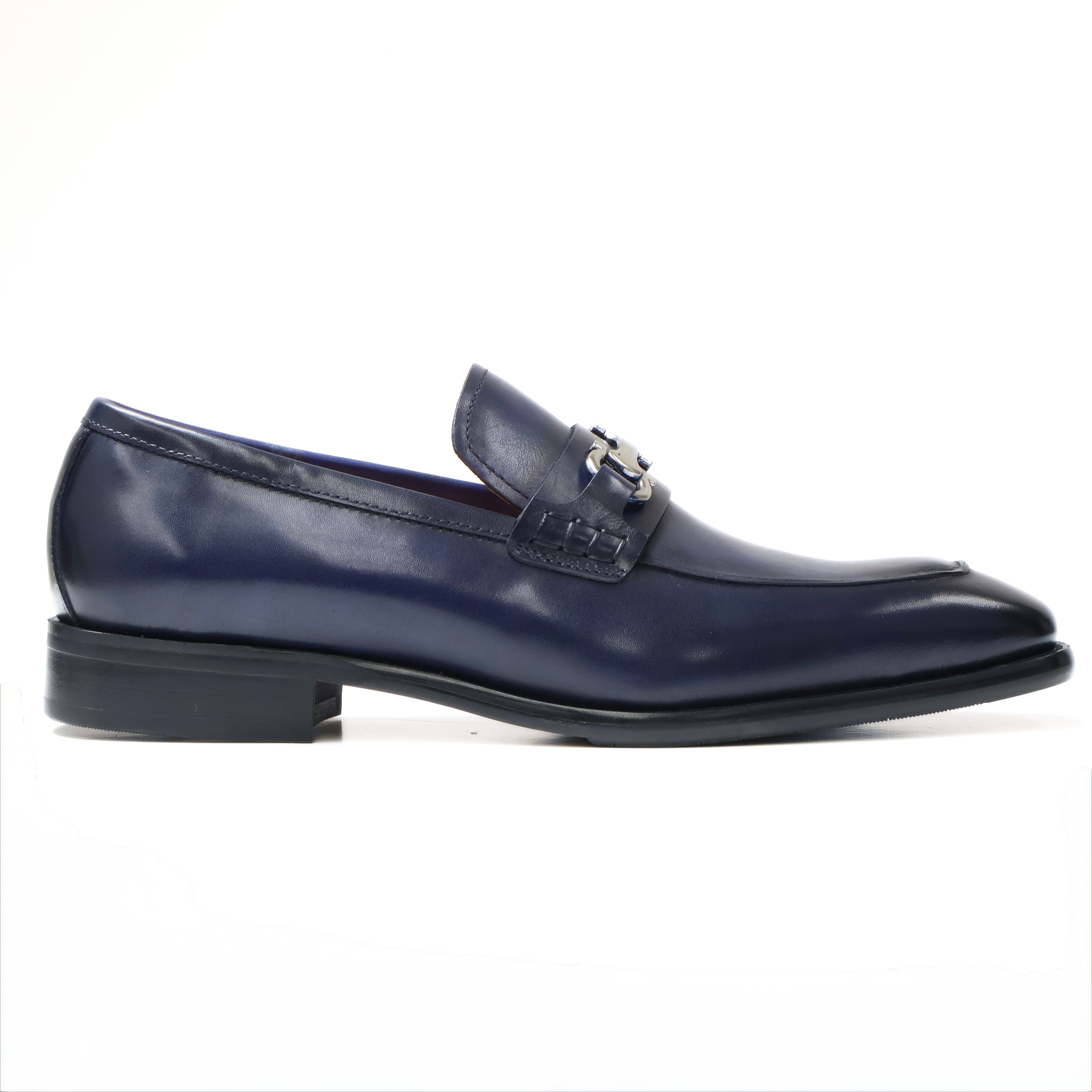 ROYAL LUXE Men's Blue Leather Loafer Dress Shoes with Metal Buckle Accent - Elegant & Comfortable for Formal Occasions & Business Meetings ROYAL LUXE Men's Blue Leather Loafer Dress Shoes with Metal Buckle Accent - Elegant & Comfortable for Formal Occasions & Business Meetings