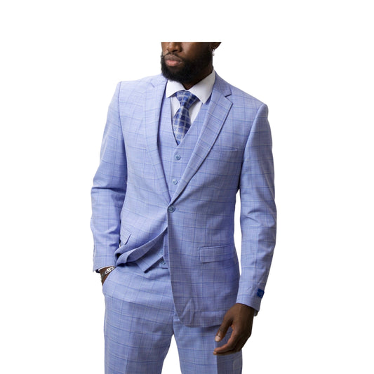 2Bvf100-Lr7001-6 Sky Plaid Pino Baldini Vested Plaid Slim Fit Suits
