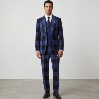 Venus 5-17170-3 Navy Pino Baldini 3Pc Plaid Suit - Back View