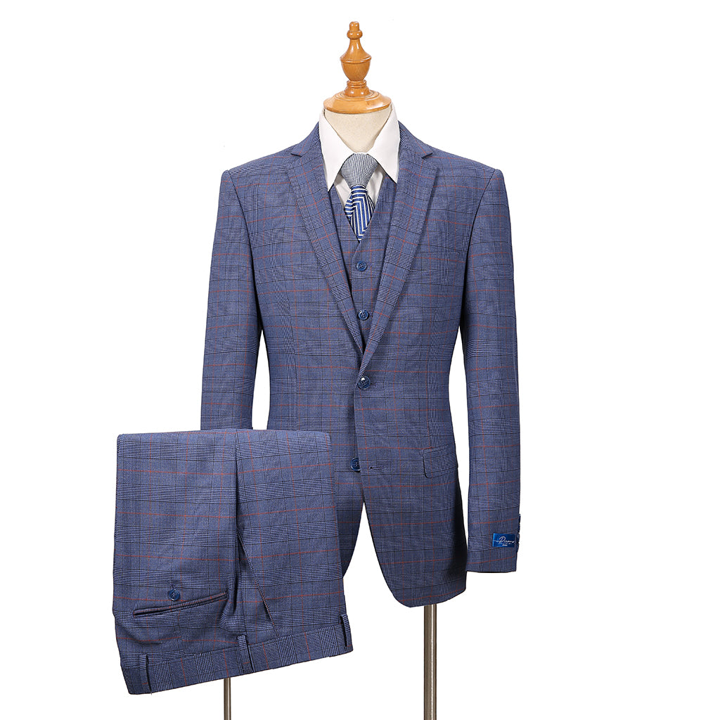 Pino Baldini Vested Blue Plaid Slim Fit Suits