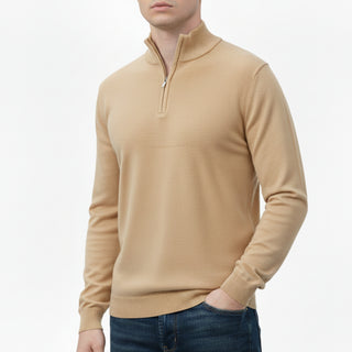 Camel Quarter-Zip Traditional Fit Pullover Sweater