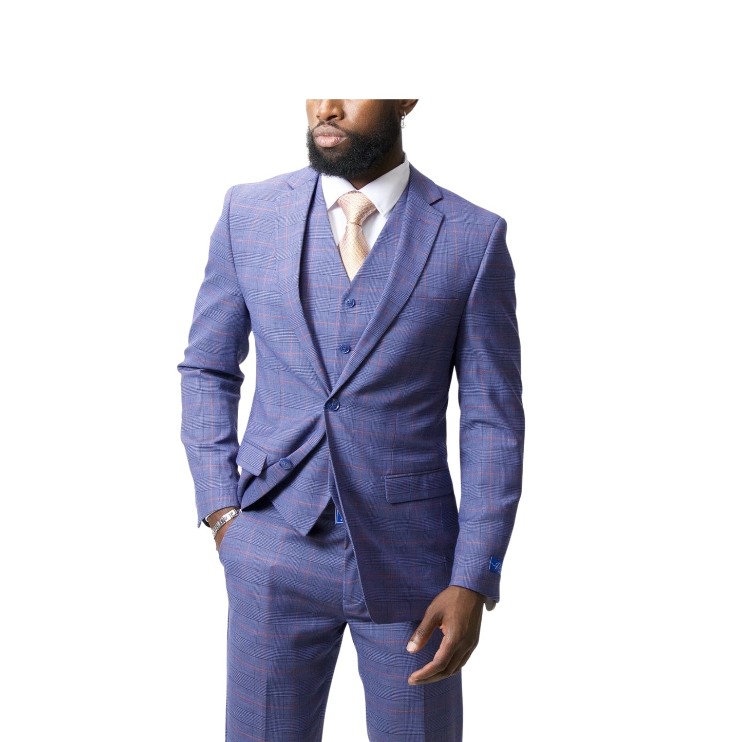 2Bvf100-Lr6919-20 Blue Plaid Pino Baldini Vested Plaid Slim Fit Suits