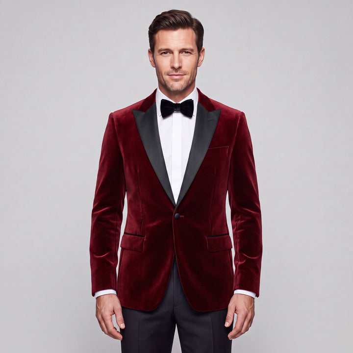 Stretch Slim Fit Velvet Blazer in Burgundy