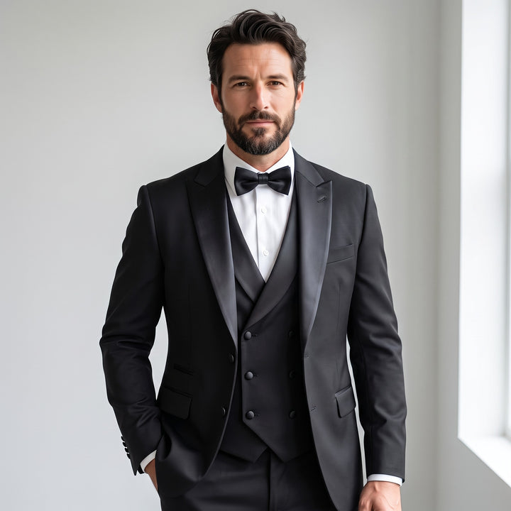 Black 3-Piece Vested Tuxedo in Black