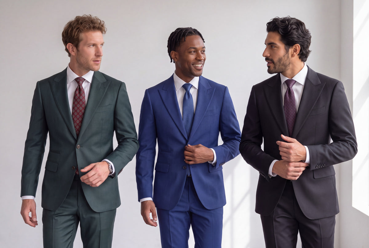 Three men in green, blue and charcoal suits with ties