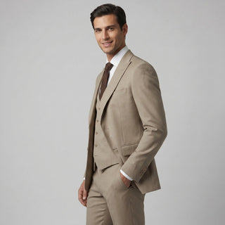 Ideal Men's Beige 3-Piece Slim Fit Vested Suit — Peak Lapel