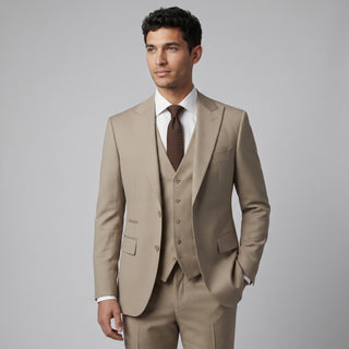 Ideal Men's Beige 3-Piece Slim Fit Vested Suit — Peak Lapel