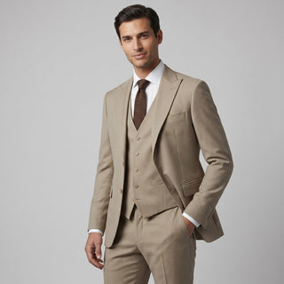 Ideal Men's Beige 3-Piece Slim Fit Vested Suit — Peak Lapel