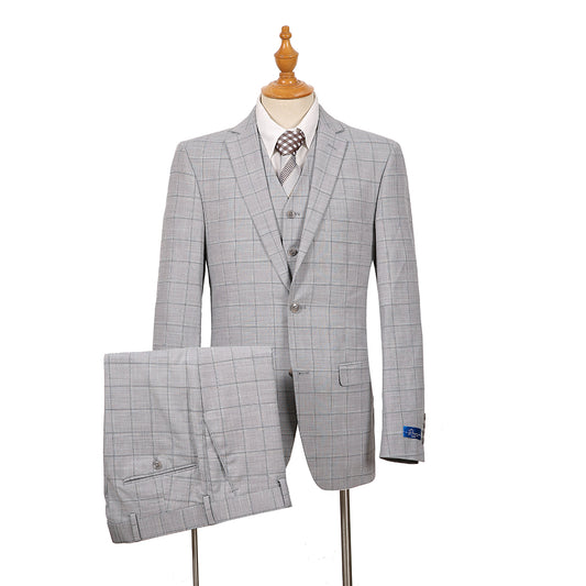 Pino Baldini Vested Grey Plaid Slim Fit Suits