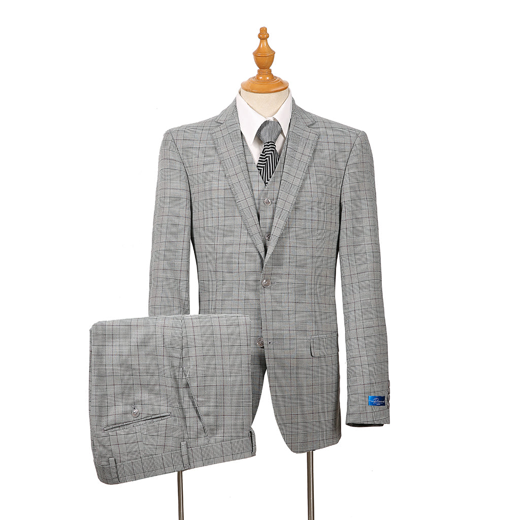 2Bvf100-Lr6919-5 Grey Plaid Pino Baldini Vested Plaid Slim Fit Suits
