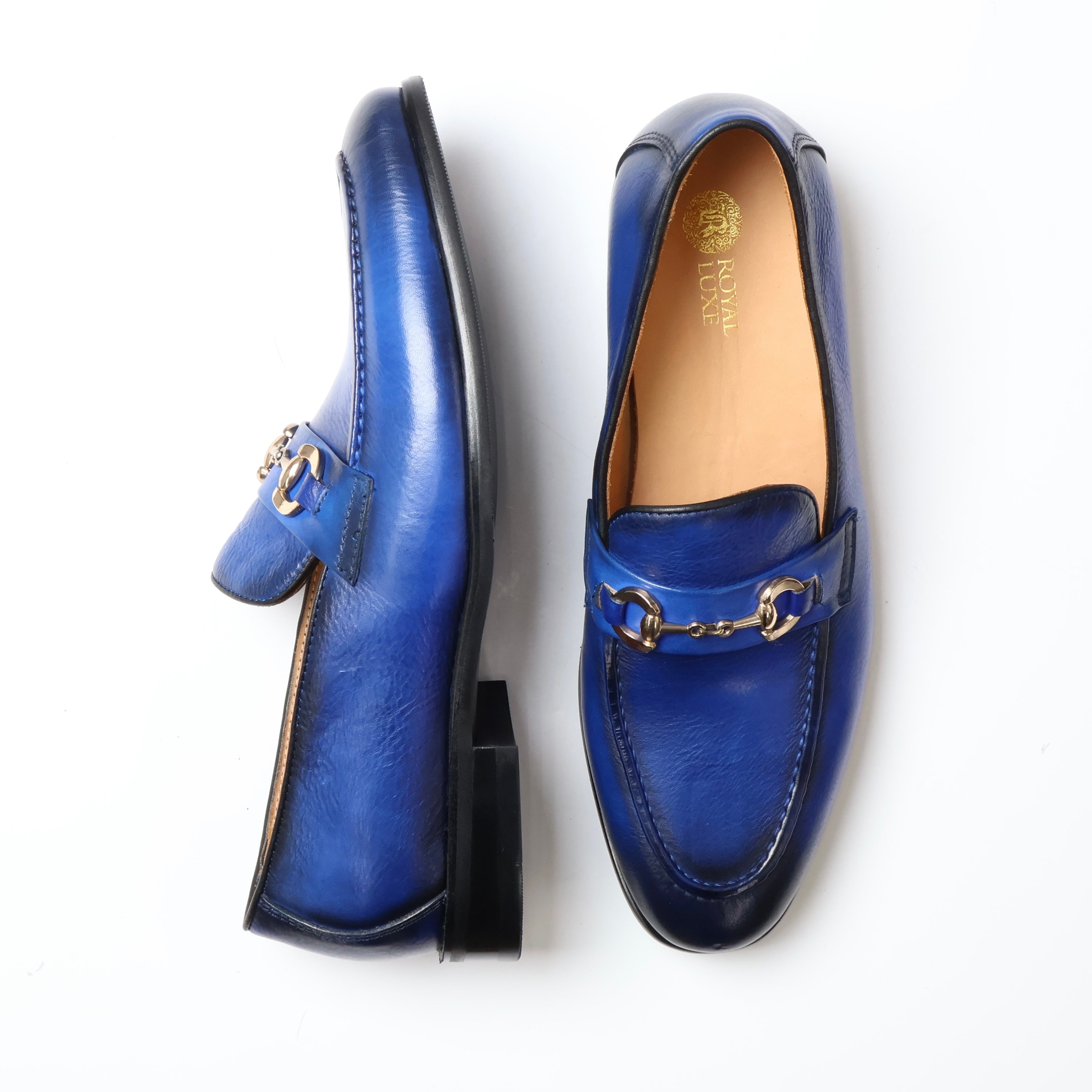 Royal Luxe Blue Leather Mens Loafers Dress Shoes - Bit Detail Moc Toe Slip On Formal Business Casual Style
