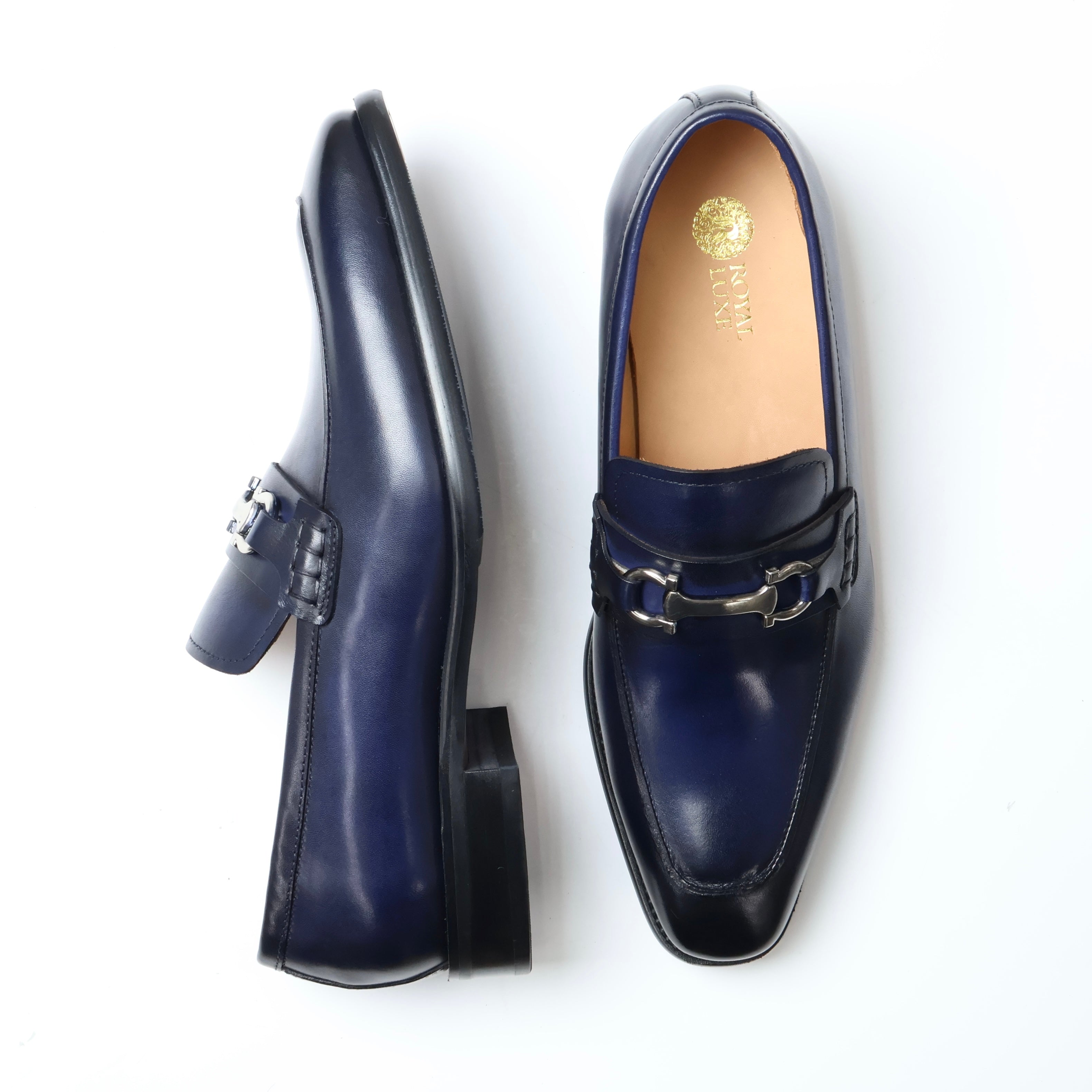 ROYAL LUXE Men's Blue Leather Loafer Dress Shoes with Metal Buckle Accent - Elegant & Comfortable for Formal Occasions & Business Meetings ROYAL LUXE Men's Blue Leather Loafer Dress Shoes with Metal Buckle Accent - Elegant & Comfortable for Formal Occasions & Business Meetings
