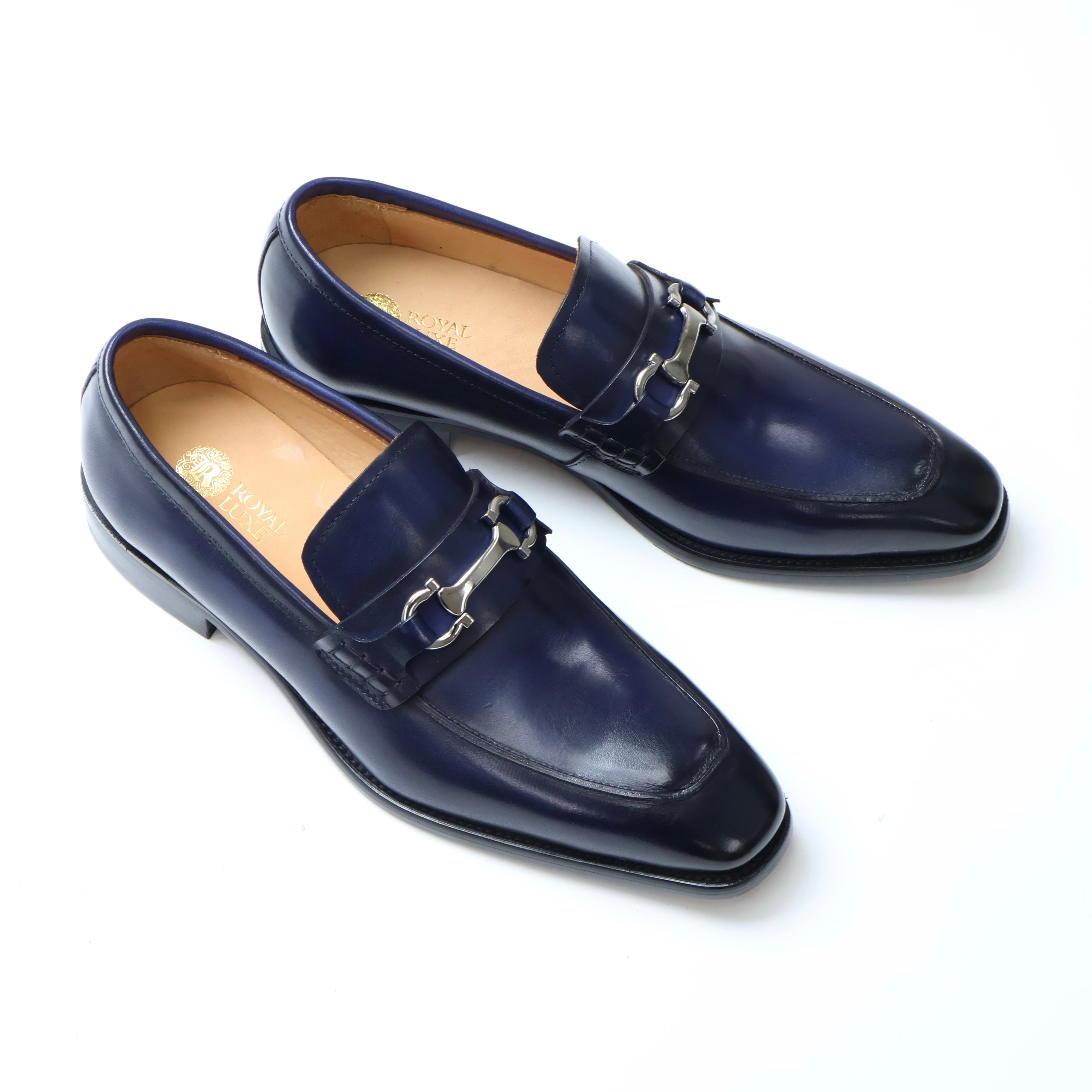 ROYAL LUXE Men's Blue Leather Loafer Dress Shoes with Metal Buckle Accent - Elegant & Comfortable for Formal Occasions & Business Meetings ROYAL LUXE Men's Blue Leather Loafer Dress Shoes with Metal Buckle Accent - Elegant & Comfortable for Formal Occasions & Business Meetings