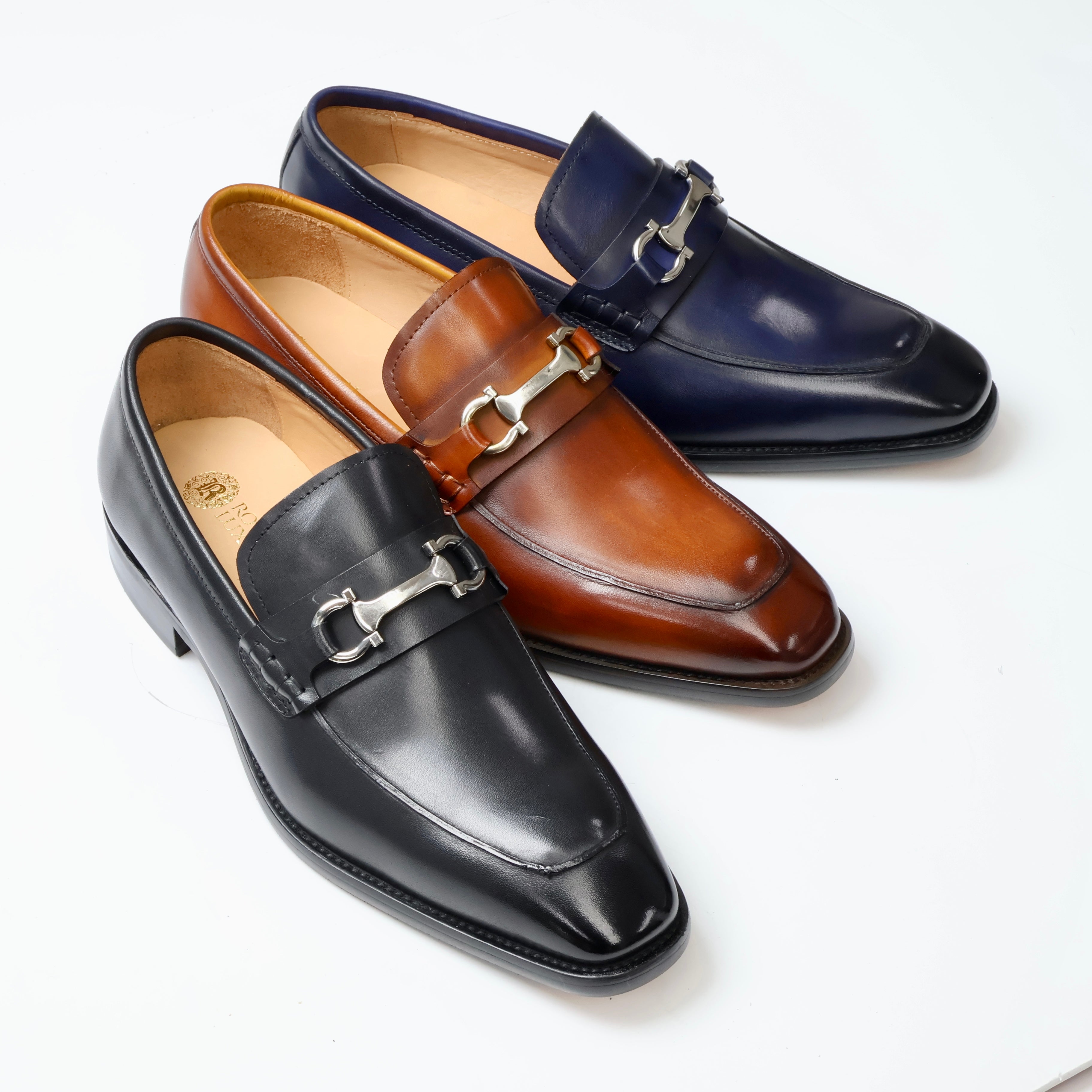ROYAL LUXE Men's Blue Leather Loafer Dress Shoes with Metal Buckle Accent - Elegant & Comfortable for Formal Occasions & Business Meetings ROYAL LUXE Men's Blue Leather Loafer Dress Shoes with Metal Buckle Accent - Elegant & Comfortable for Formal Occasions & Business Meetings