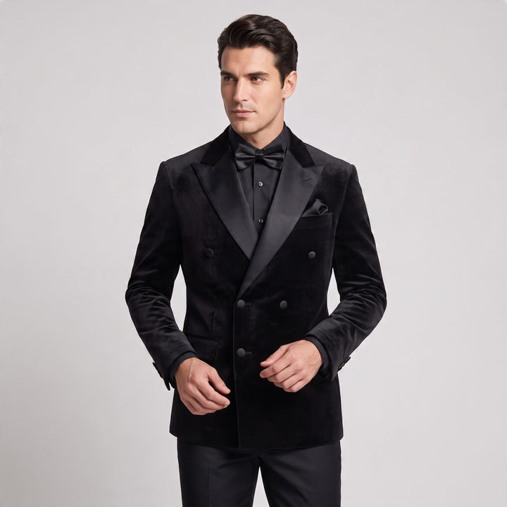 Double Breasted Velvet Tuxedo Jacket in Black