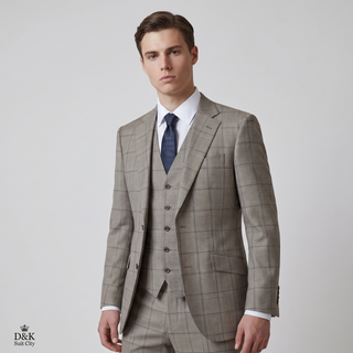 Joseph Michael Puglia Men's Taupe Modern Fit 3-Piece Plaid Suit