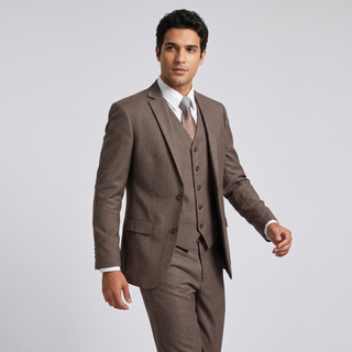 Joseph Michael Men's Light Brown 3-Piece Slim Fit Vested Sharkskin Suit — Notch Lapel