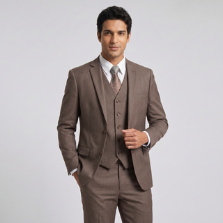 Joseph Michael Men's Light Brown 3-Piece Slim Fit Vested Sharkskin Suit — Notch Lapel
