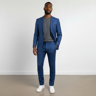 Stacy Adams 2 Button Notch Lapel Blue Plaid Suit M328-02 - Back View