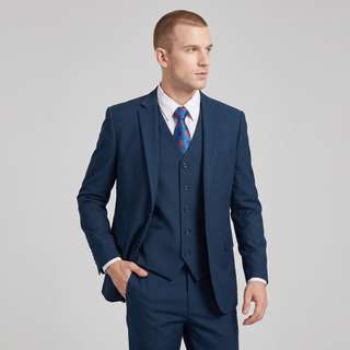 Joseph Michael Men's Midnight Blue 3-Piece Slim Fit Vested Sharkskin Suit — Notch Lapel