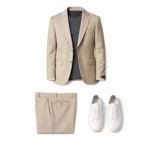 Rh15 Beige Ideal Vested 2 Button Peak Lapel Suit - Side View