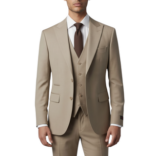 Rh15 Beige Ideal Vested 2 Button Peak Lapel Suit - Front View