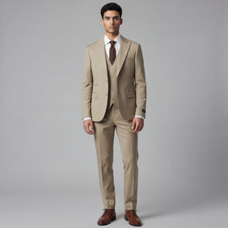 Rh15 Beige Ideal Vested 2 Button Peak Lapel Suit - Close Up