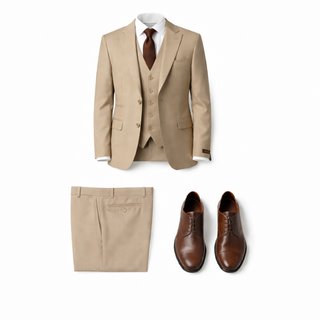 Rh15 Beige Ideal Vested 2 Button Peak Lapel Suit - Detail View