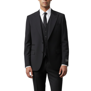 Rh15 Black Ideal Vested 2 Button Peak Lapel Suit - Front View