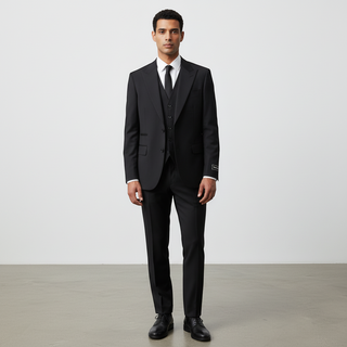 Rh15 Black Ideal Vested 2 Button Peak Lapel Suit - Back View