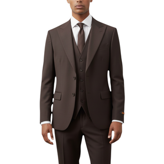 Rh15 Brown Ideal Vested 2 Button Peak Lapel Suit - Front View