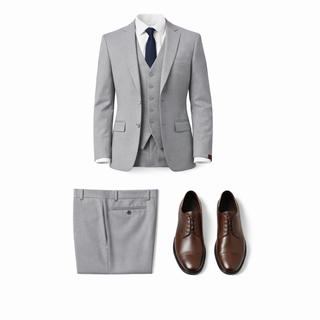 Rh15 Light Grey Ideal Vested 2 Button Peak Lapel Suit - Back View
