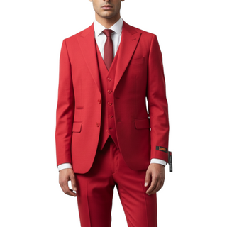 Rh15 Red Ideal Vested 2 Button Peak Lapel Suit - Front View