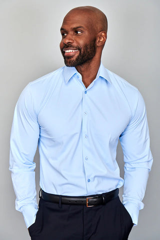 4 Way Stretch Travel Shirt | Barrel Cuff | Point Collar | Blue