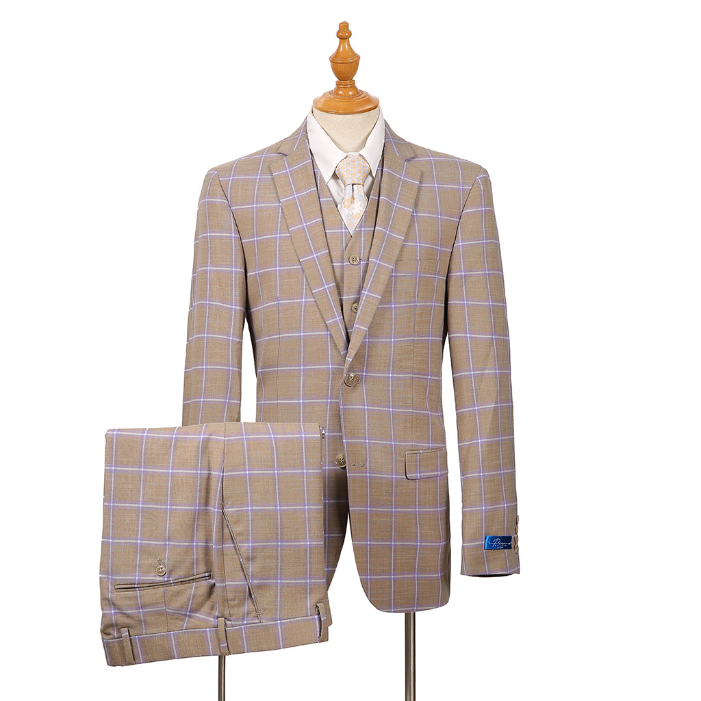 2Bvf100-2108-80 Tan Plaid Pino Baldini Vested Plaid Slim Fit Suits