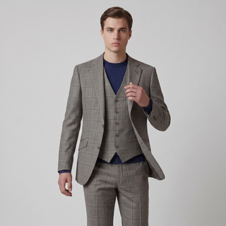 Joseph Michael Puglia Men's Taupe Modern Fit 3-Piece Plaid Suit