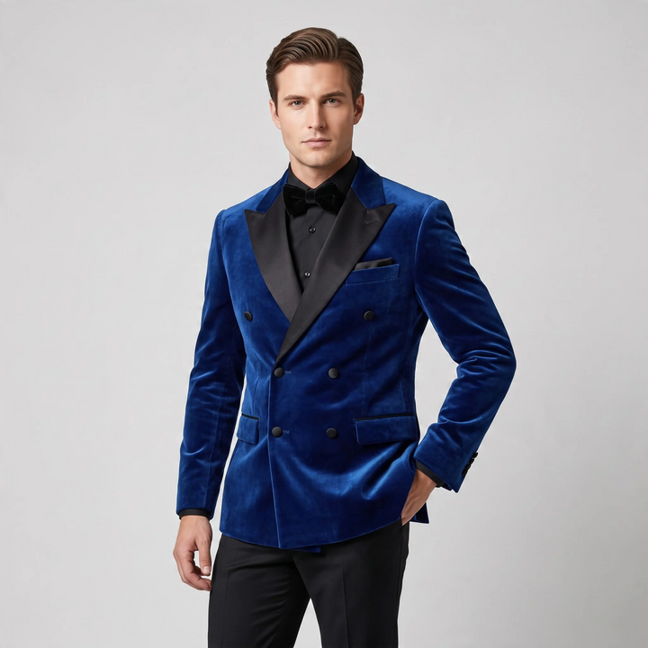 Double Breasted Velvet Tuxedo Jacket in Navy