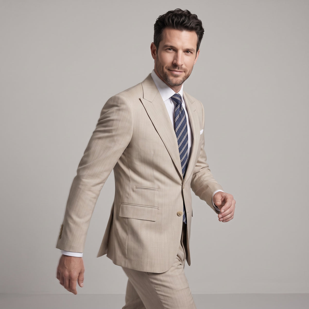 Ideal Men's Tan 4-Way Stretch 2-Piece Slim Fit Suit - Peak Lapel
