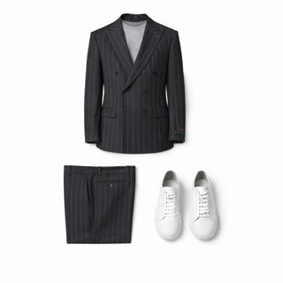 Tiglio Men's Black 100% Wool Double Breasted Suit — Peak Lapel